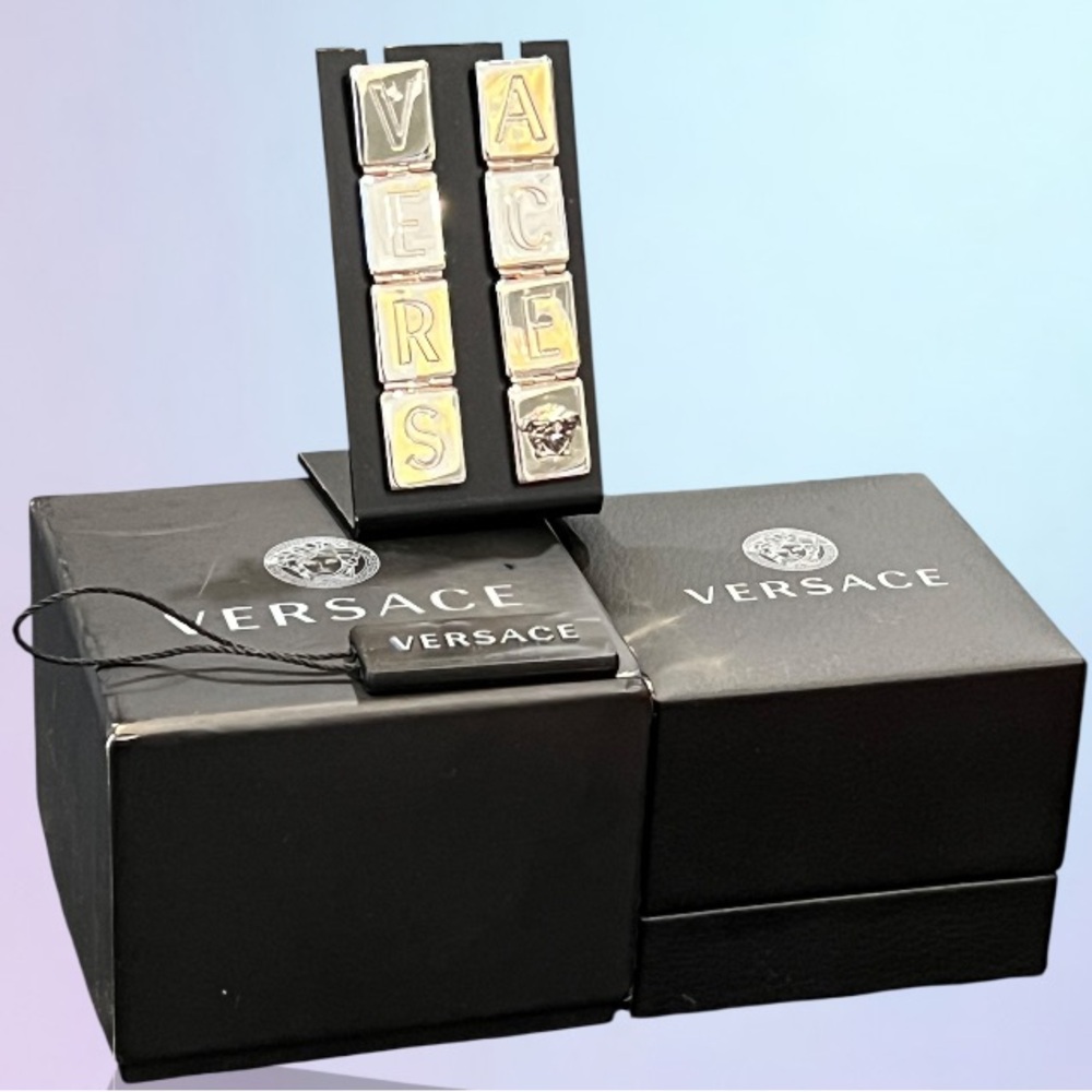 Versace Silver-Tone Logo Script Dangle Earrings - image 6